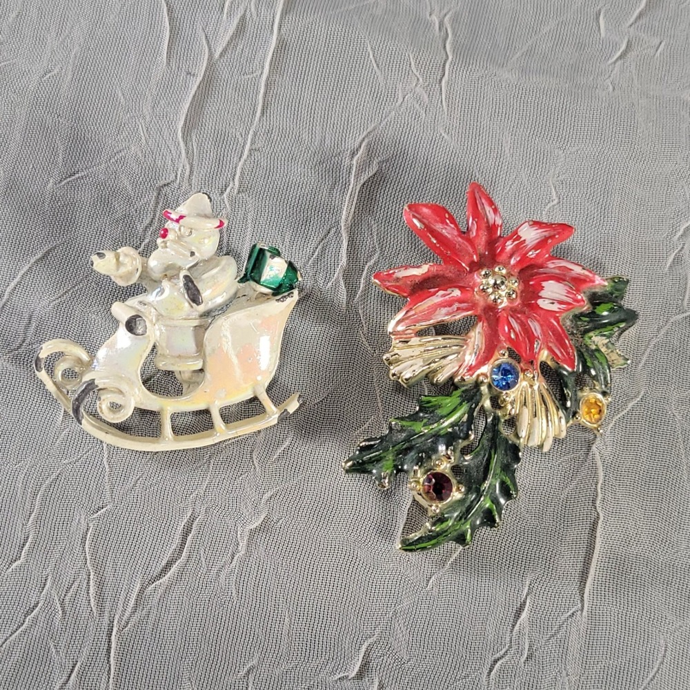 Christmas Brooch Lot 2 Enamel Poinsettia Santa Sleigh Holiday Pins